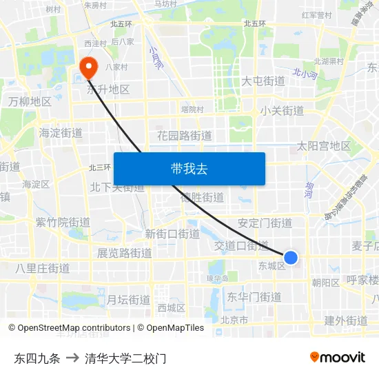 东四九条 to 清华大学二校门 map