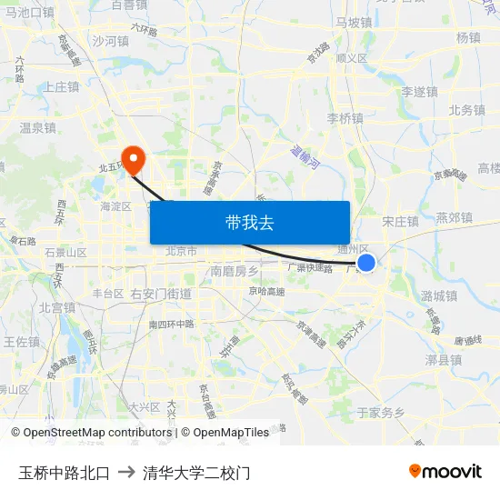 玉桥中路北口 to 清华大学二校门 map