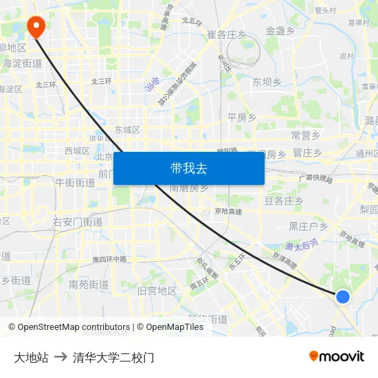 大地站 to 清华大学二校门 map