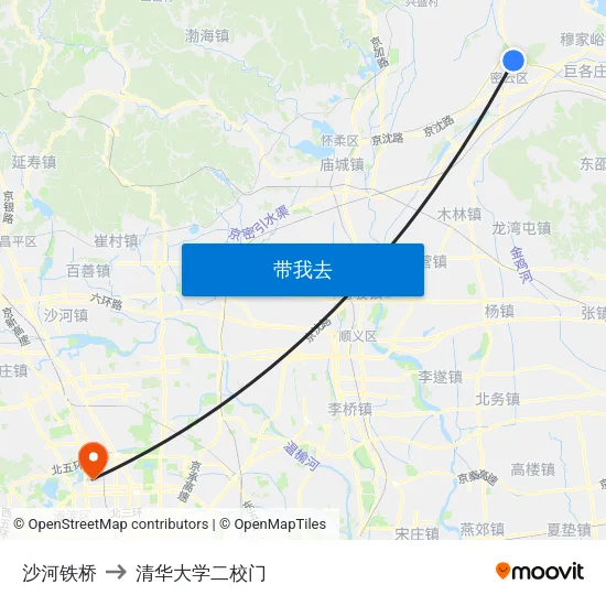 沙河铁桥 to 清华大学二校门 map