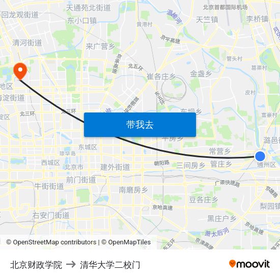 北京财政学院 to 清华大学二校门 map