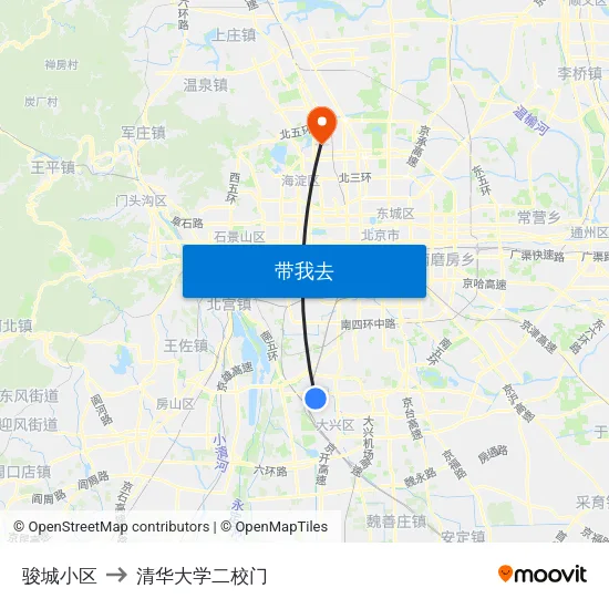 骏城小区 to 清华大学二校门 map