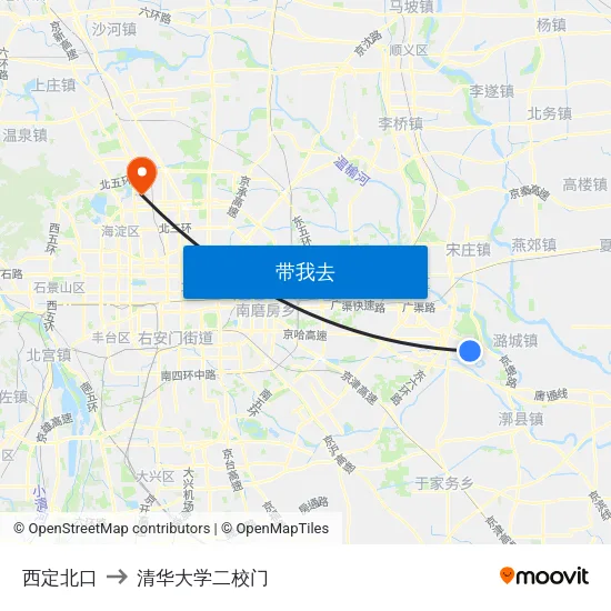 西定北口 to 清华大学二校门 map