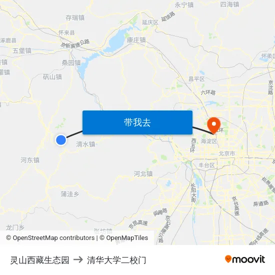 灵山西藏生态园 to 清华大学二校门 map