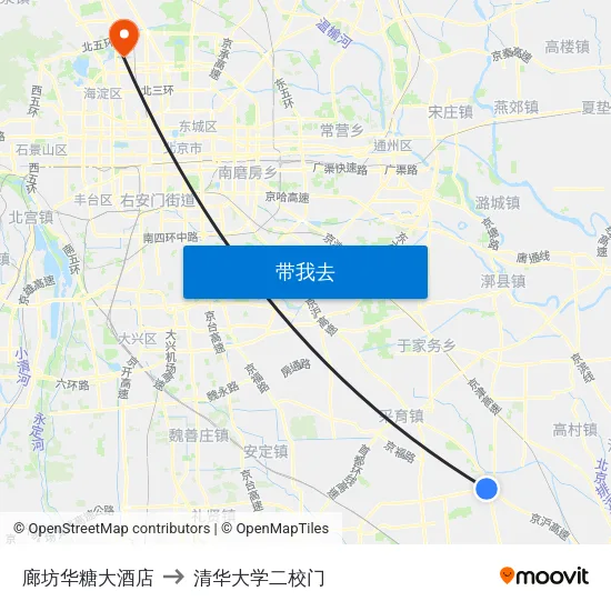 廊坊华糖大酒店 to 清华大学二校门 map