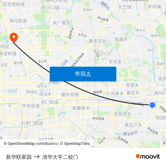 新华联家园 to 清华大学二校门 map