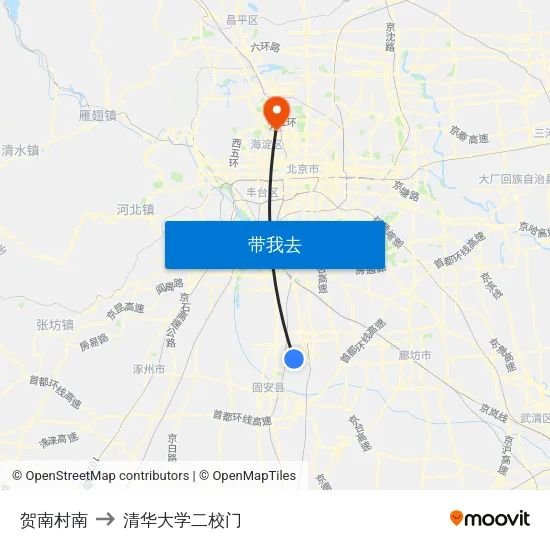 贺南村南 to 清华大学二校门 map