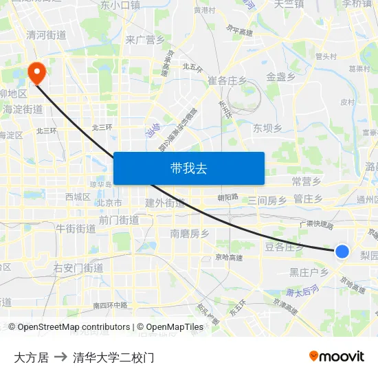 大方居 to 清华大学二校门 map