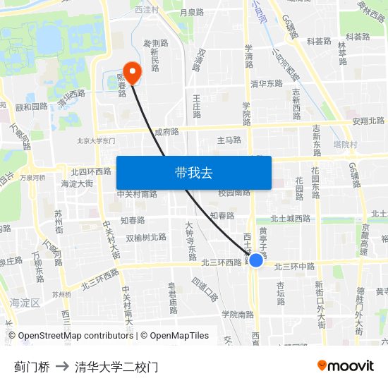蓟门桥 to 清华大学二校门 map
