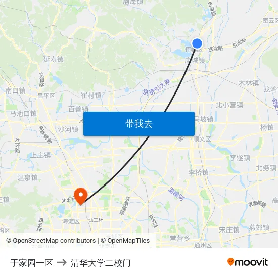 于家园一区 to 清华大学二校门 map