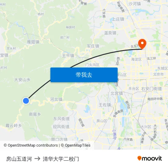 房山五道河 to 清华大学二校门 map