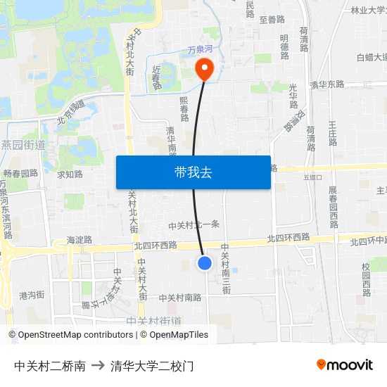 中关村二桥南 to 清华大学二校门 map