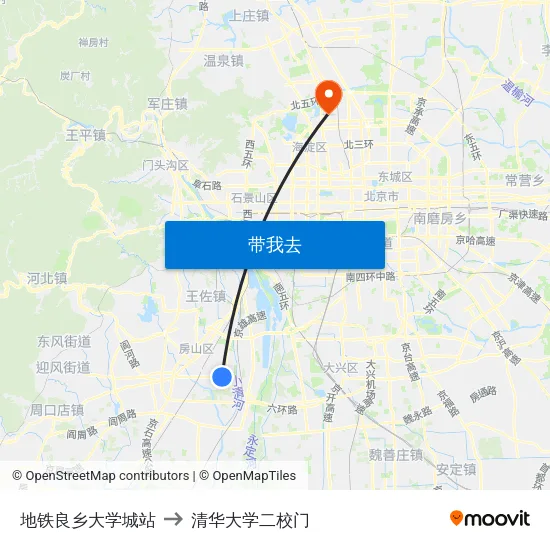 地铁良乡大学城站 to 清华大学二校门 map