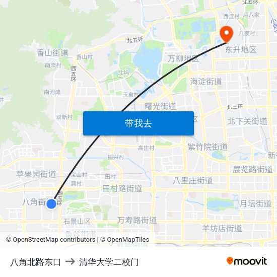 八角北路东口 to 清华大学二校门 map