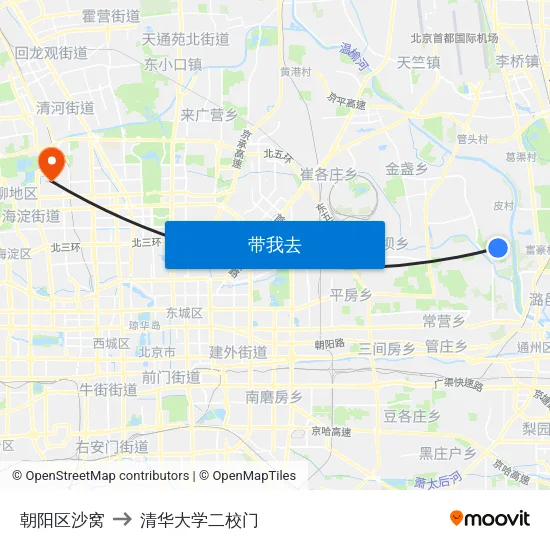 朝阳区沙窝 to 清华大学二校门 map