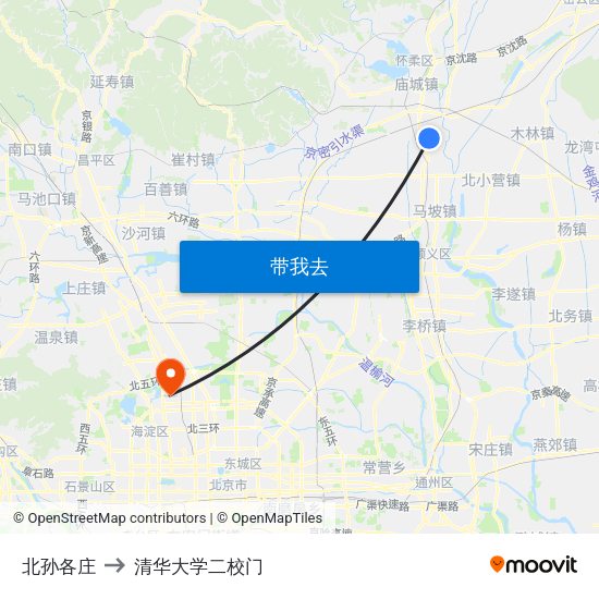 北孙各庄 to 清华大学二校门 map