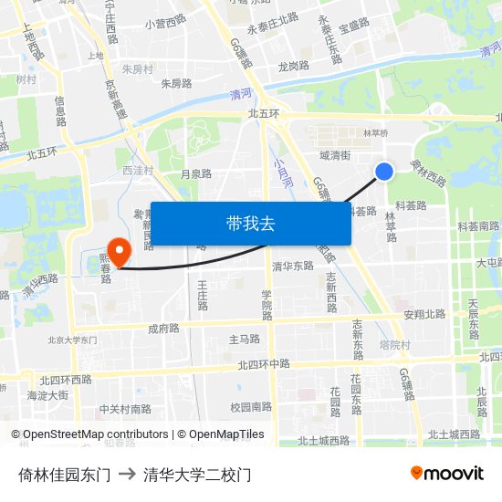 倚林佳园东门 to 清华大学二校门 map