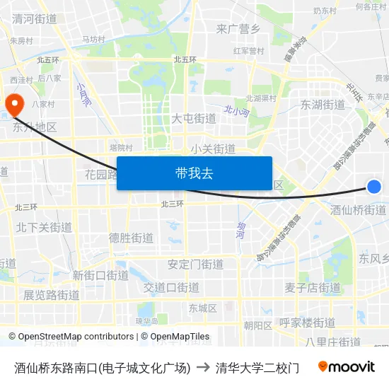 酒仙桥东路南口(电子城文化广场) to 清华大学二校门 map