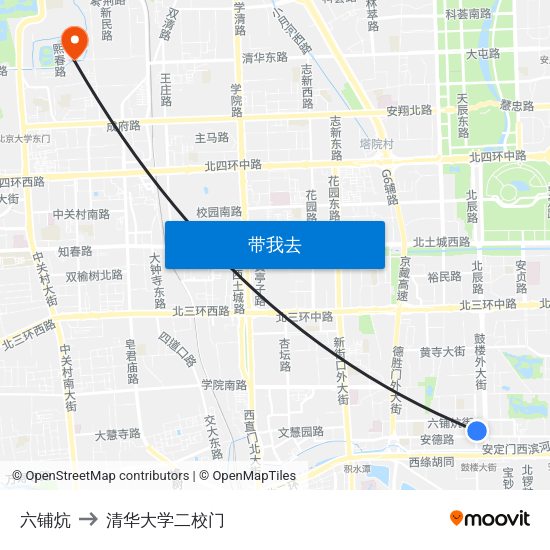 六铺炕 to 清华大学二校门 map
