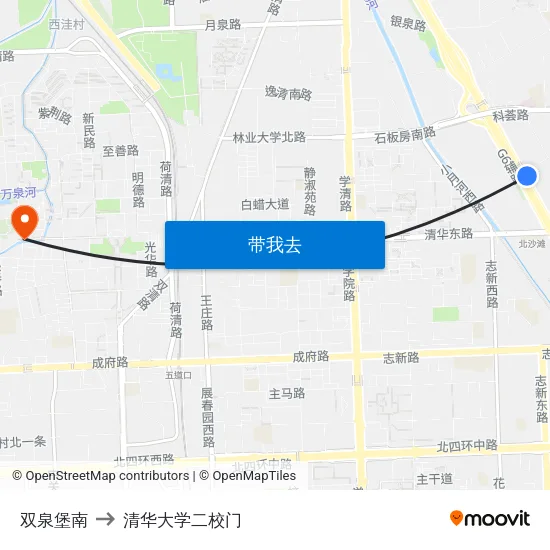 双泉堡南 to 清华大学二校门 map