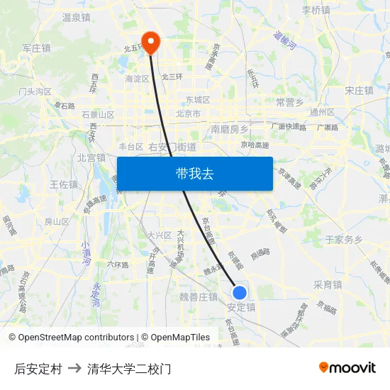 后安定村 to 清华大学二校门 map