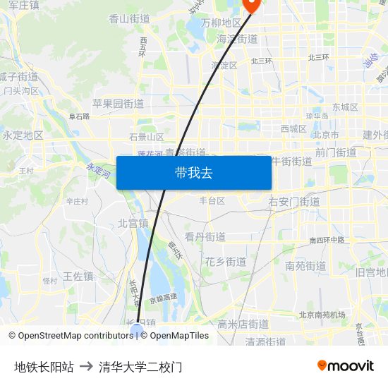 地铁长阳站 to 清华大学二校门 map