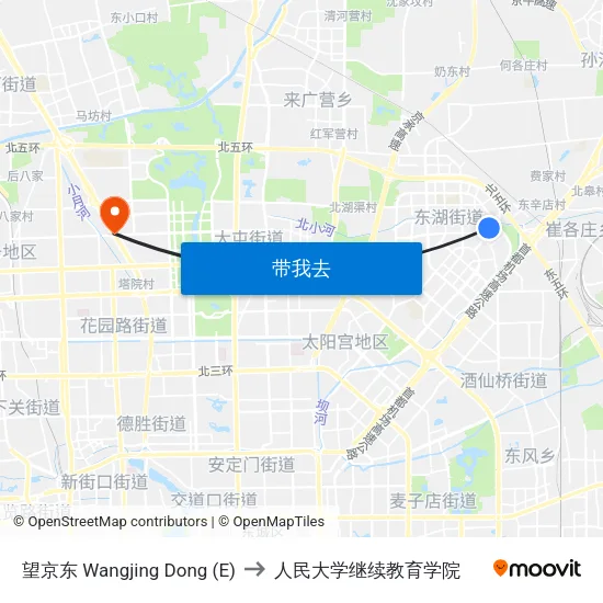 望京东 Wangjing Dong (E) to 人民大学继续教育学院 map
