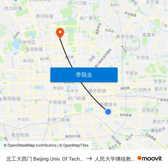 北工大西门 Beijing Univ. Of Tech. West Gate to 人民大学继续教育学院 map