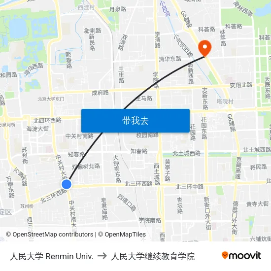 人民大学 Renmin Univ. to 人民大学继续教育学院 map