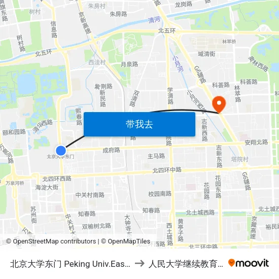 北京大学东门 Peking Univ.East Gate to 人民大学继续教育学院 map
