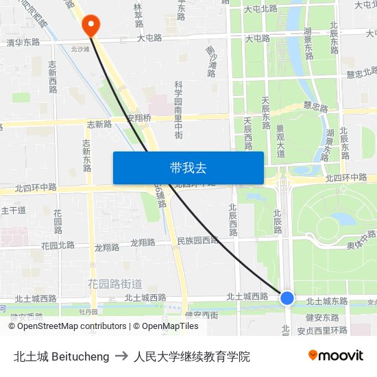 北土城 Beitucheng to 人民大学继续教育学院 map