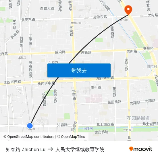 知春路 Zhichun Lu to 人民大学继续教育学院 map