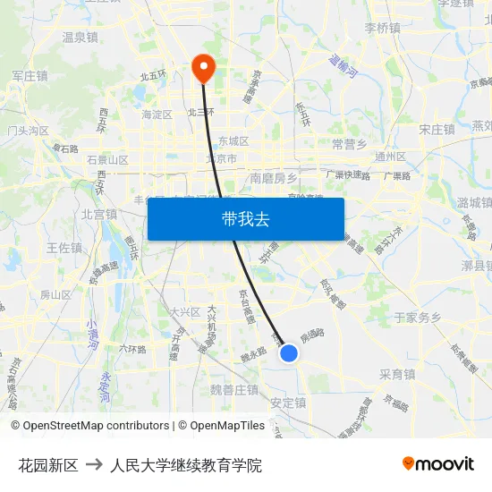 花园新区 to 人民大学继续教育学院 map