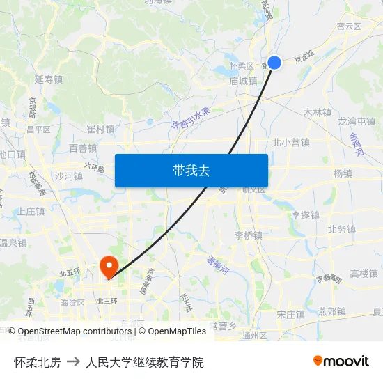 怀柔北房 to 人民大学继续教育学院 map