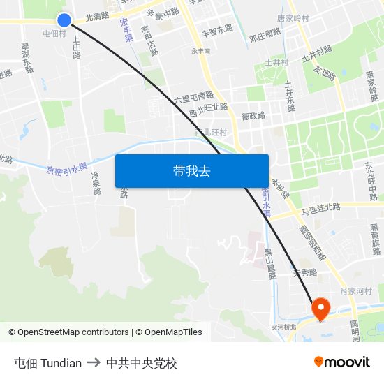 屯佃 Tundian to 中共中央党校 map