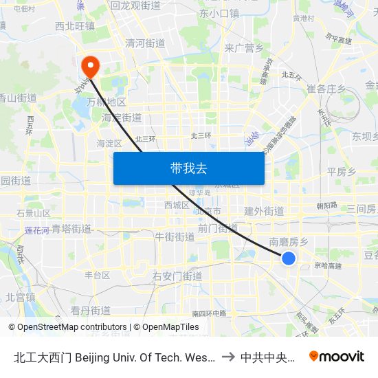 北工大西门 Beijing Univ. Of Tech. West Gate to 中共中央党校 map