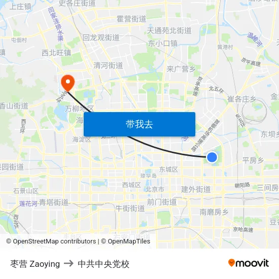 枣营 Zaoying to 中共中央党校 map