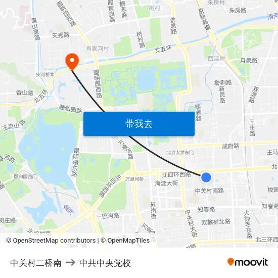 中关村二桥南 to 中共中央党校 map
