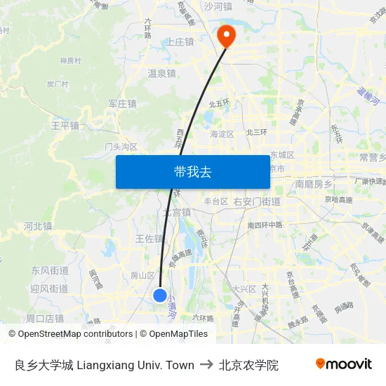 良乡大学城 Liangxiang Univ. Town to 北京农学院 map