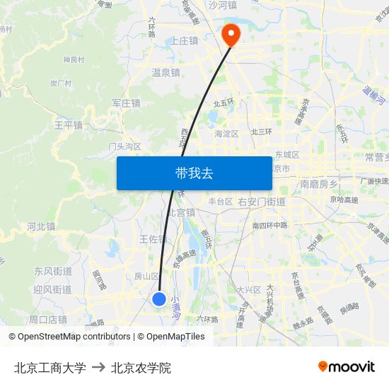 北京工商大学 to 北京农学院 map