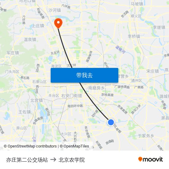 亦庄第二公交场站 to 北京农学院 map