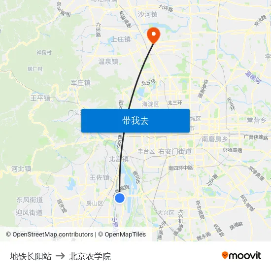 地铁长阳站 to 北京农学院 map