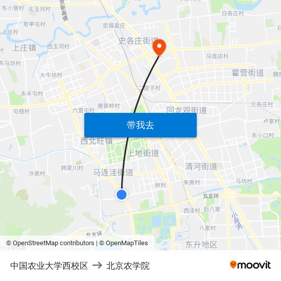 中国农业大学西校区 to 北京农学院 map