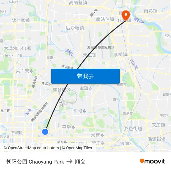朝阳公园 Chaoyang Park to 顺义 map