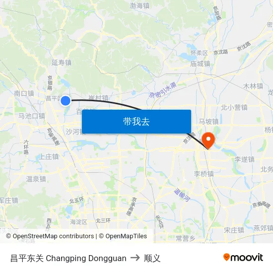 昌平东关 Changping Dongguan to 顺义 map