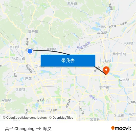 昌平 Changping to 顺义 map