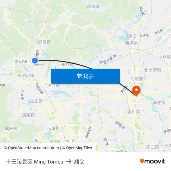 十三陵景区 Ming Tombs to 顺义 map