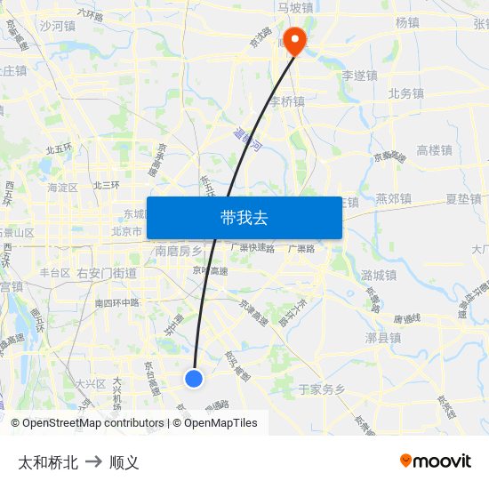 太和桥北 to 顺义 map