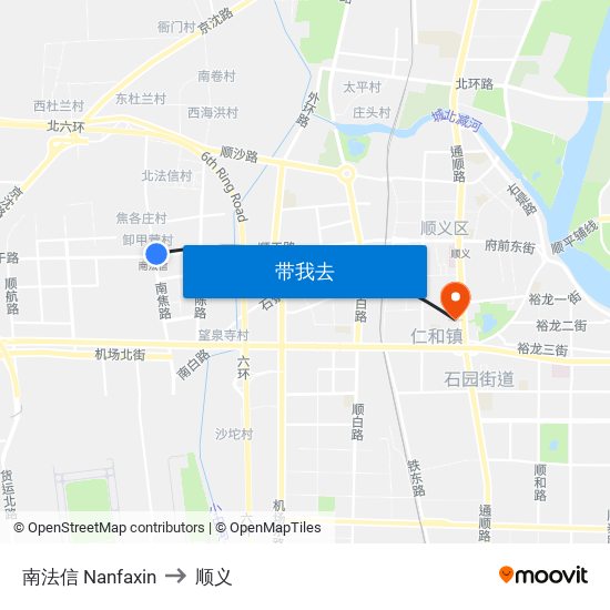 南法信 Nanfaxin to 顺义 map