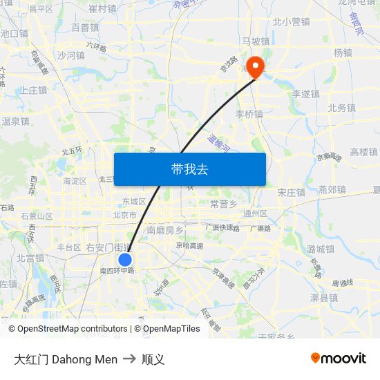 大红门 Dahong Men to 顺义 map